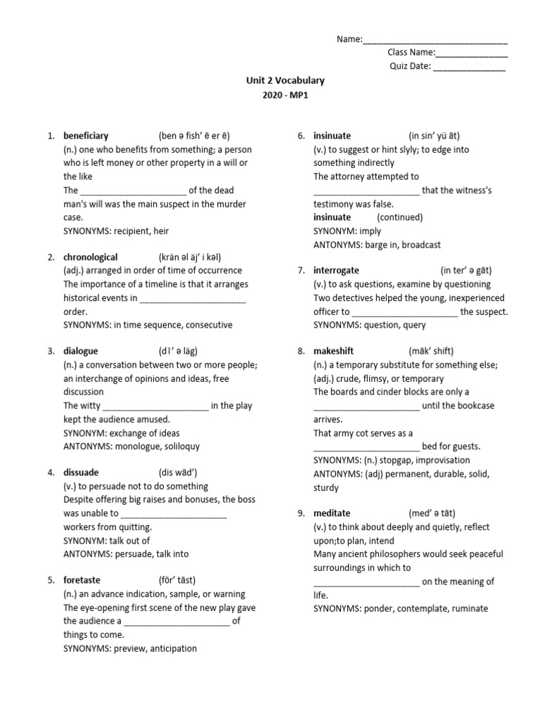 Unit 2 Vocabulary Quiz Guide | PDF | Foreign Language Studies
