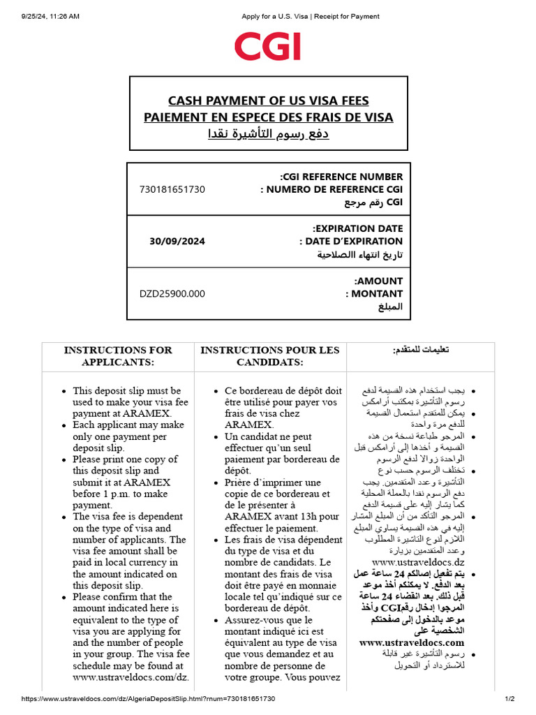 Apply For A U.S. Visa - Receipt For Payment | PDF