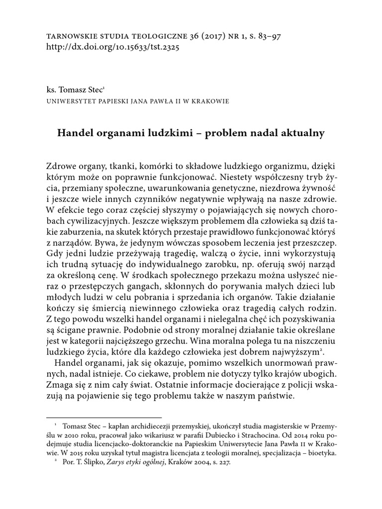 Handel Organami Ludzkimi - Problem Nadal Aktualny: Tarnowskie Studia ...
