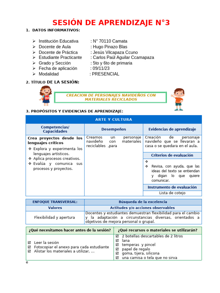 Sesion de Arte y Cultura | PDF | Evaluación | Maestros