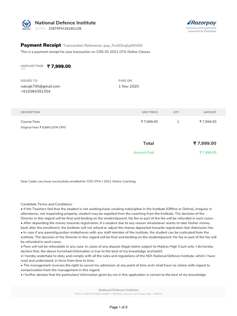 Receipt Pay - Fvs03nq1p5tVG0 From National Defence Institute (Paid ...