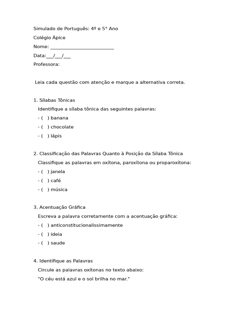 Simulado de Português: 4º e 5º Ano | PDF | Artes Linguísticas e Disciplina