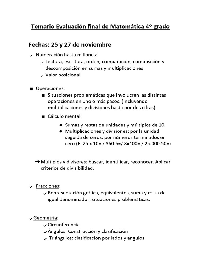 Temario Evaluación Final 4to Grado | PDF