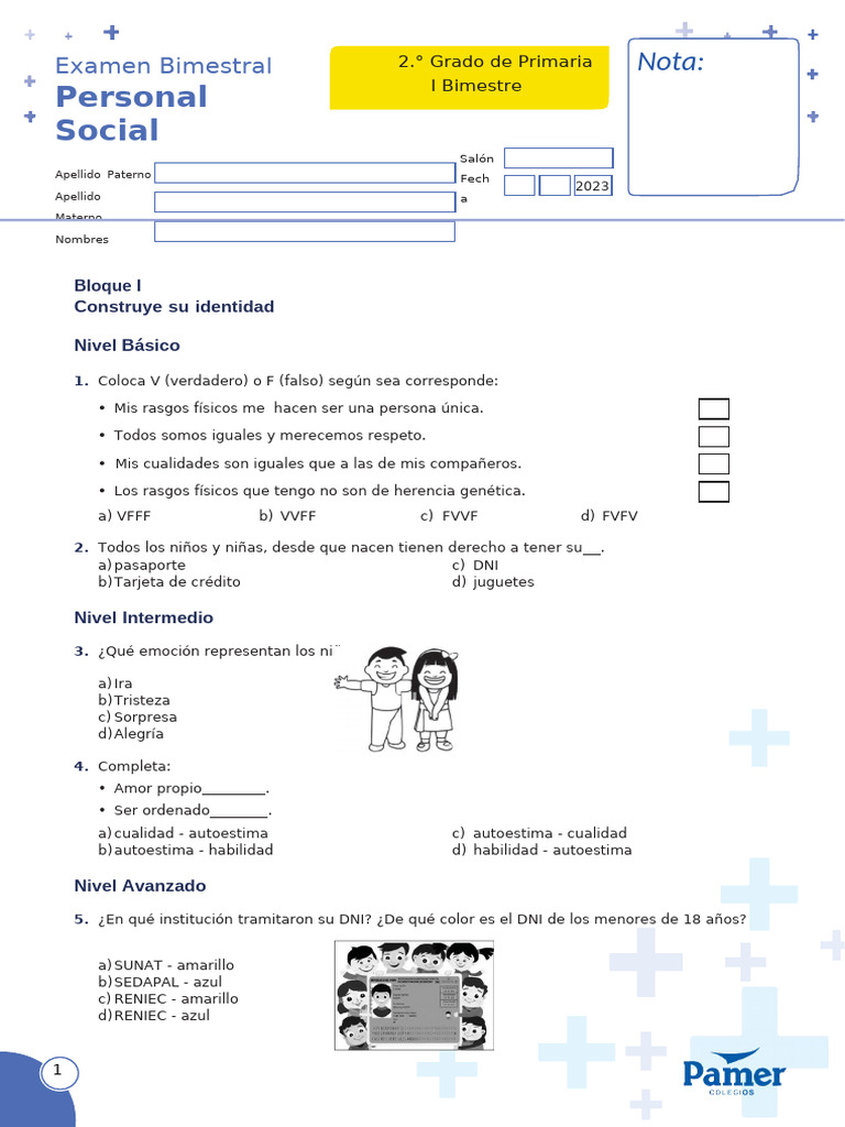 Examen Bimestral de Personal Social 2° Grado | PDF | Autoestima ...