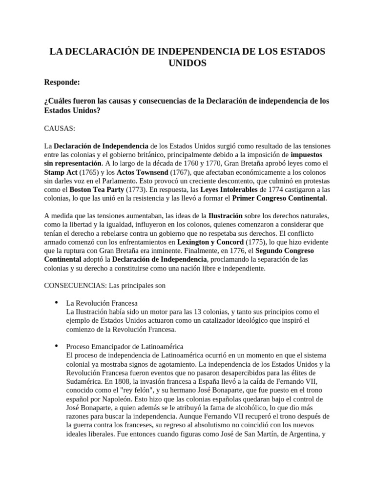 La Declaración de Independencia de Los Estados Unidos | PDF ...