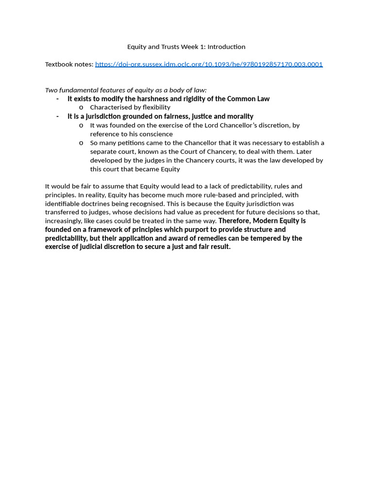 Equity and Trusts Week 1 | PDF | Equity (Law) | English Trust Law