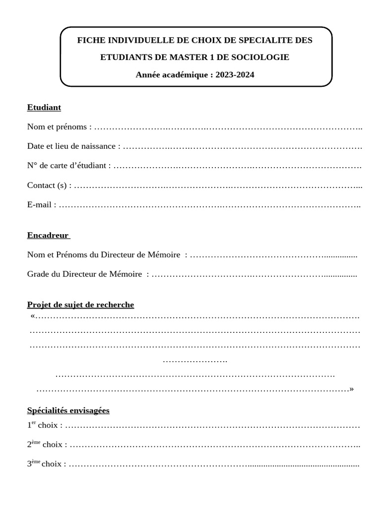 Fiche Individuelle de Choix de Spécialité 2024 PDF — free download