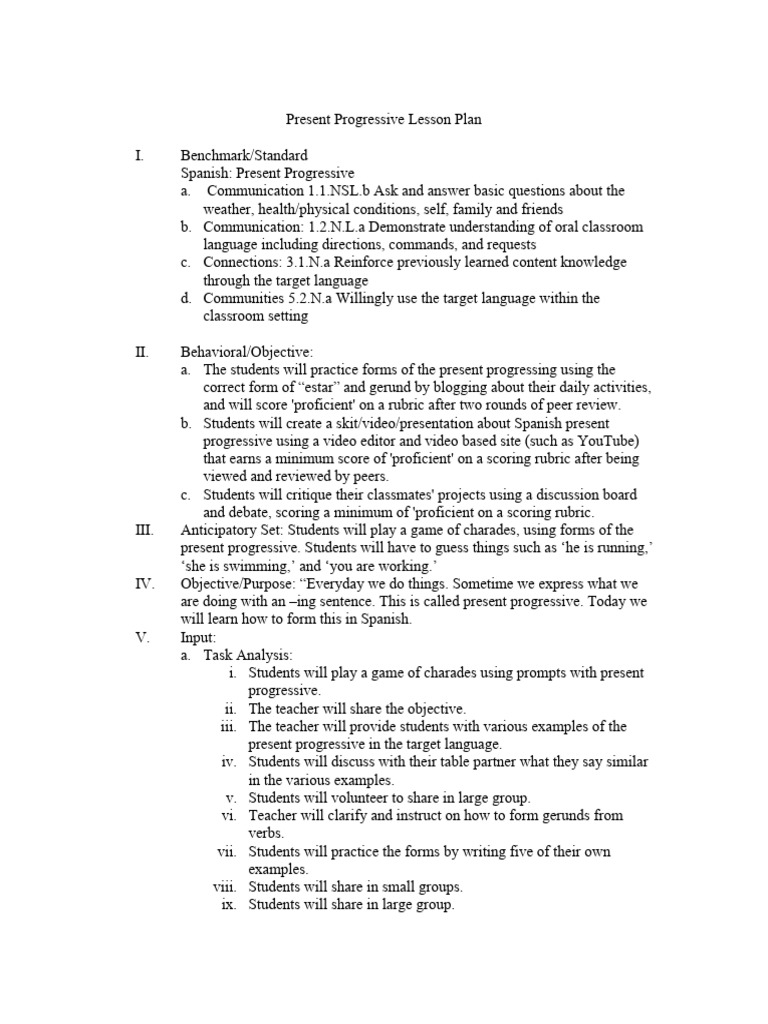 Ejemplo Del Contenido Lesson Plan Presente Progresivo | PDF | Education ...