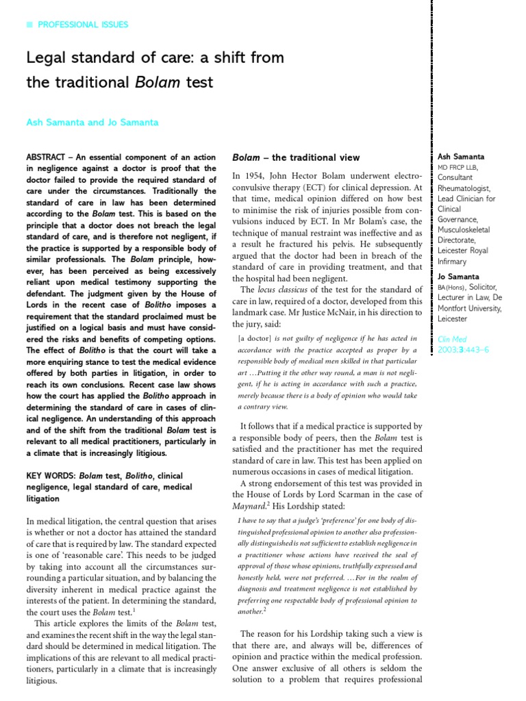 Bolam vs. Bolitho: Legal Care Standards | PDF | Standard Of Care ...