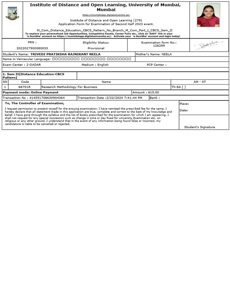 M.Com Distance Education Exam Application | PDF