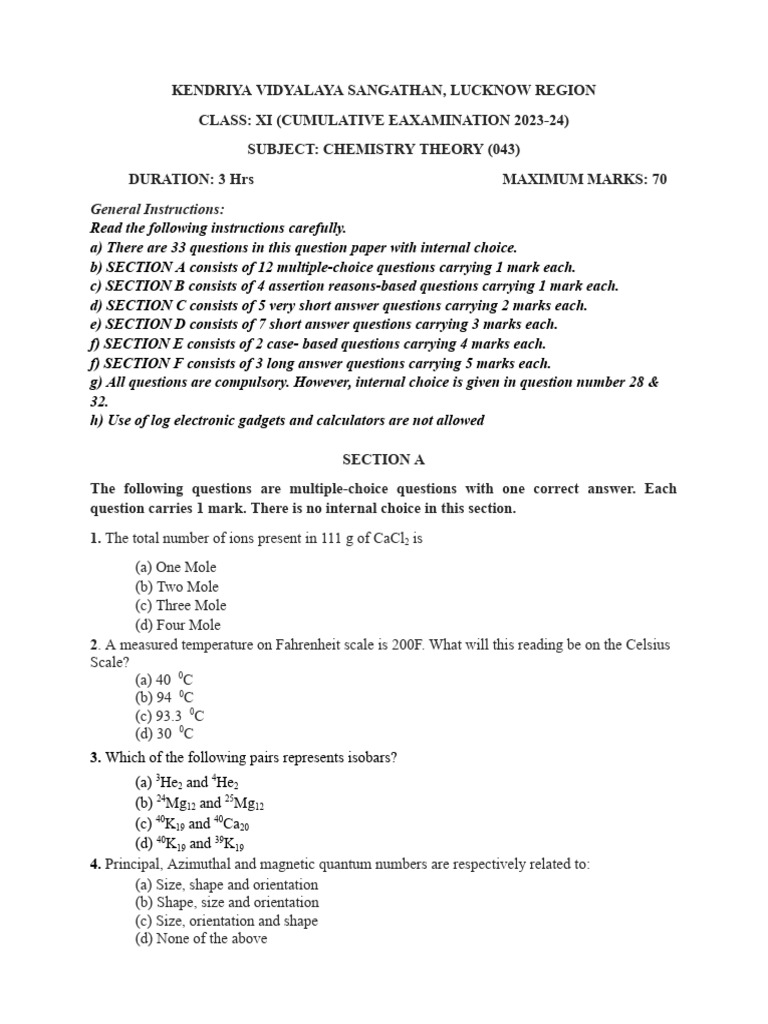 Class XI Chemistry Exam Paper 2023-24 | PDF | Chemical Elements | Chemistry