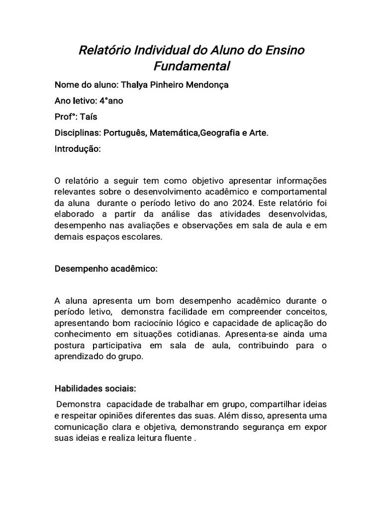 Relatório Individual Do Aluno Do Ensino Fundamental | PDF