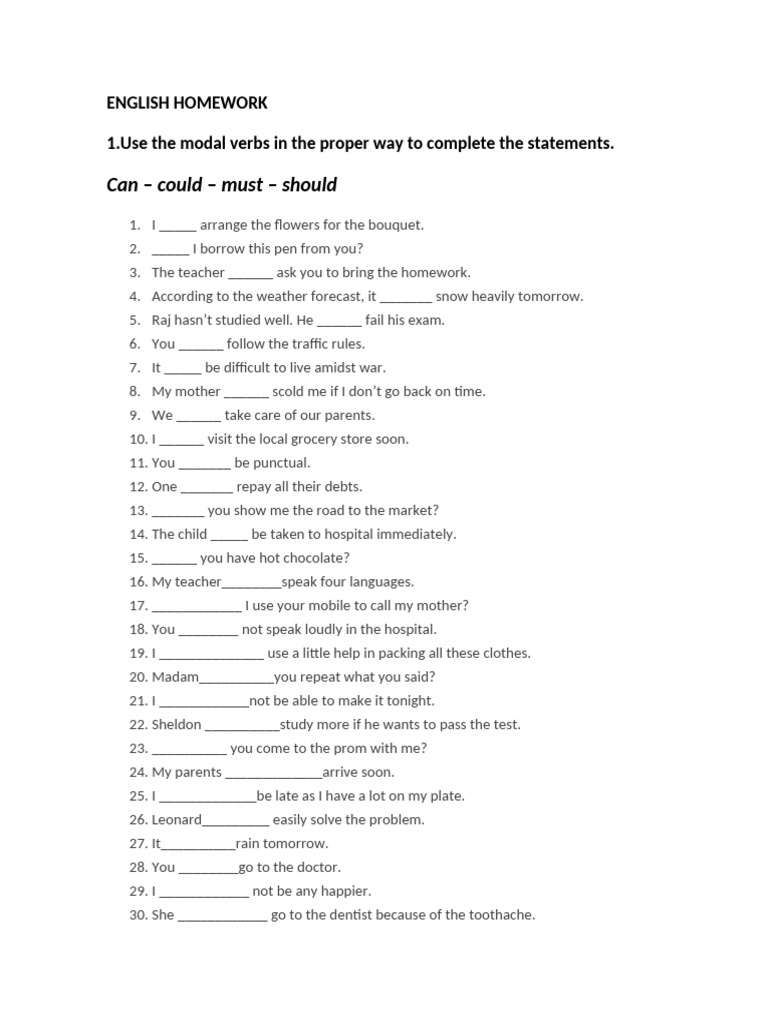 Modal Verbs English Homework Exercise | PDF