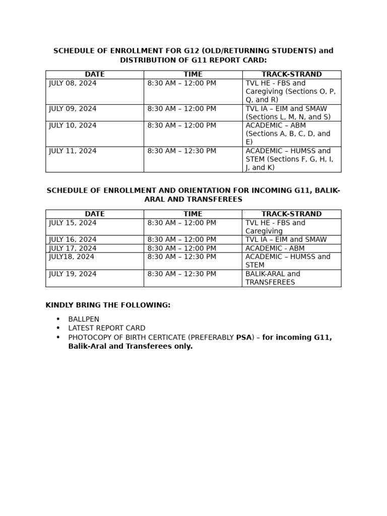 G12 Enrollment Schedule & G11 Report Card | PDF