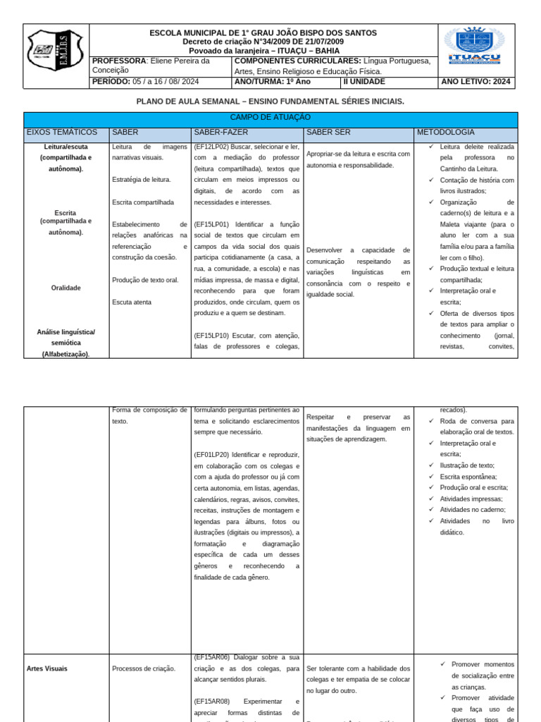 Plano de Aula 1º Ano - Ensino Fundamental | PDF | Ginástica | Geometria