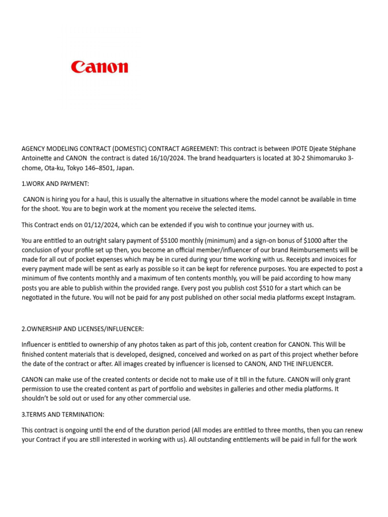 Canon Influencer Contract Agreement | PDF | Confidentiality | Payments