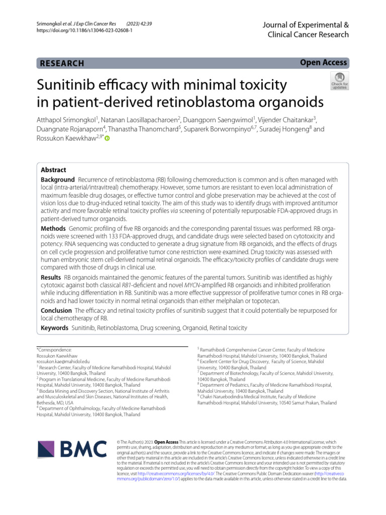 Sunitinib Efficacy With Minimal Toxicity in Patient-Derived ...