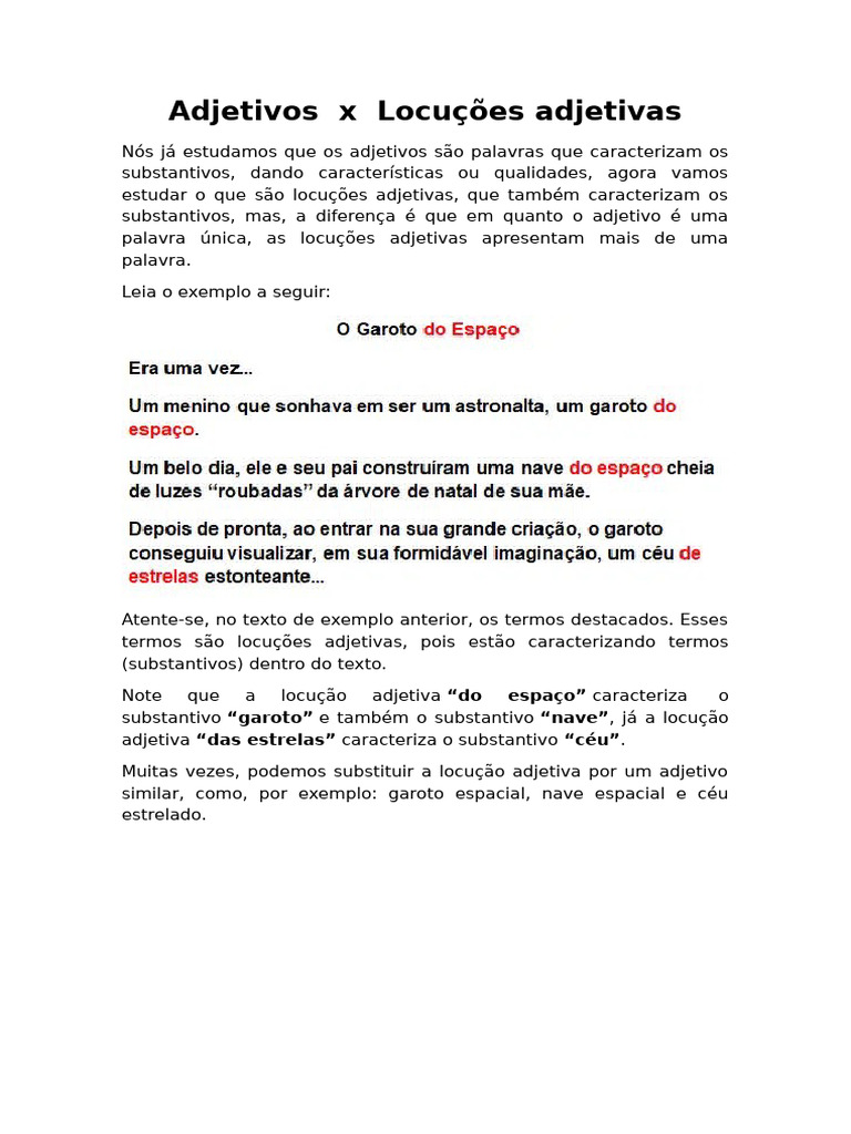 Diferenças entre Adjetivos e Locuções | PDF | Estudos de Línguas ...