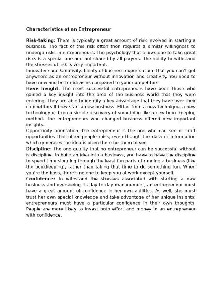 Characteristics of An Entrepreneur | PDF
