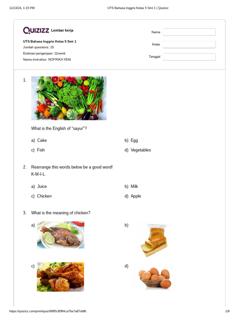 Uts Bahasa Inggris Kelas 5 Smt 1 Quizizz Pdf Taste Food And
