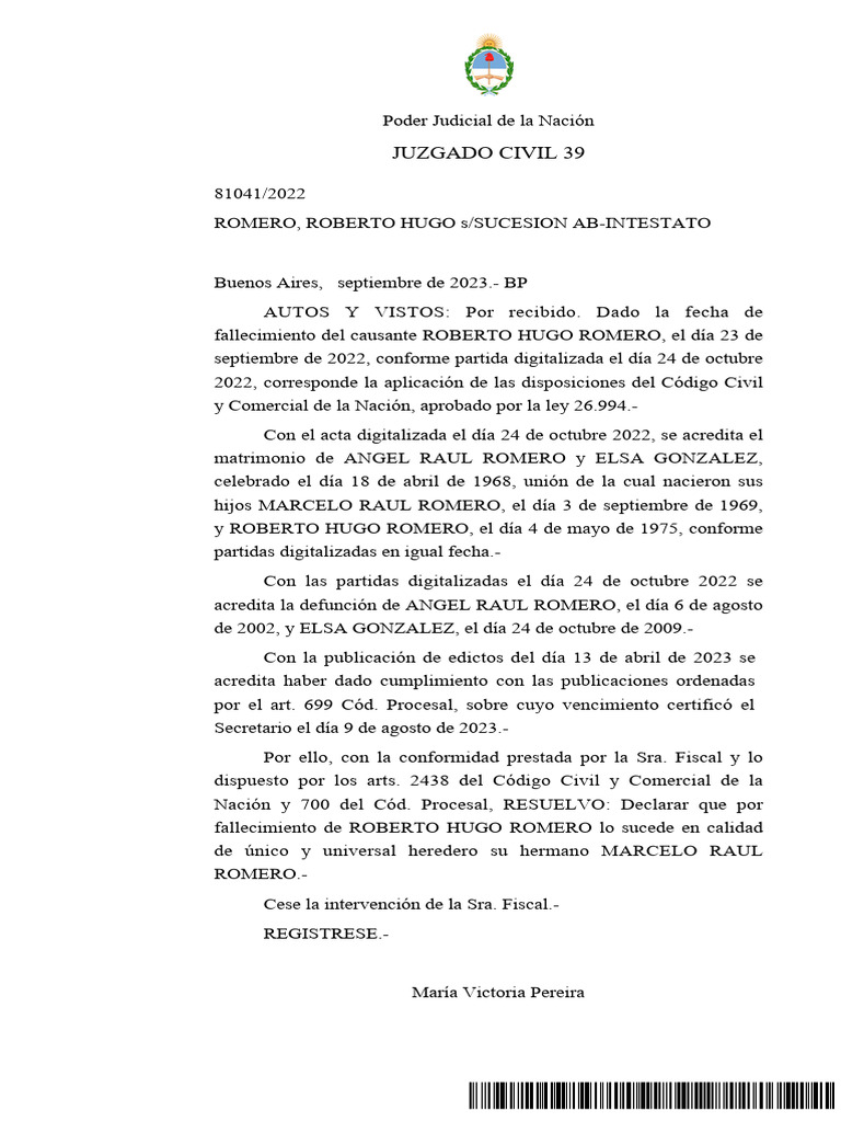 Sucesión de Roberto Hugo Romero | PDF
