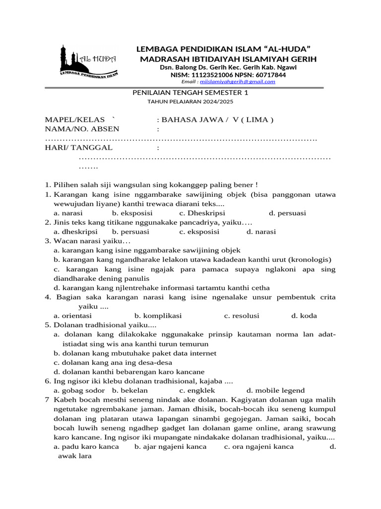 Soal Basa Jawa Klas 5 Semester I (PTS) | PDF