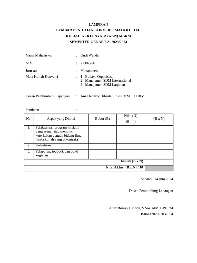 Penilaian DPL - KKN MBKM Ondi Wenda | PDF