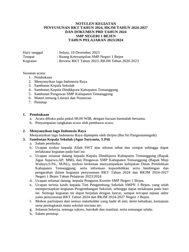 Notulen Kegiatan Penyusunan RKT TH 2024 RKJM 20242027 | PDF | Seni