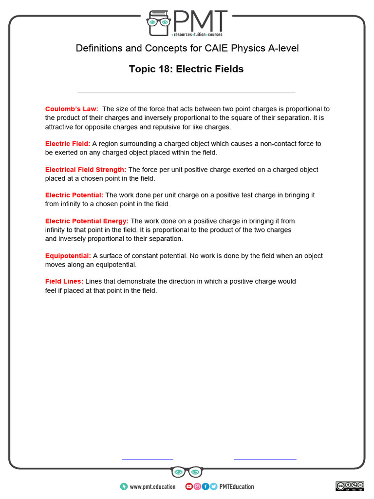 Definitions - Topic 18 Electric Fields - CAIE Physics A-Level | PDF ...