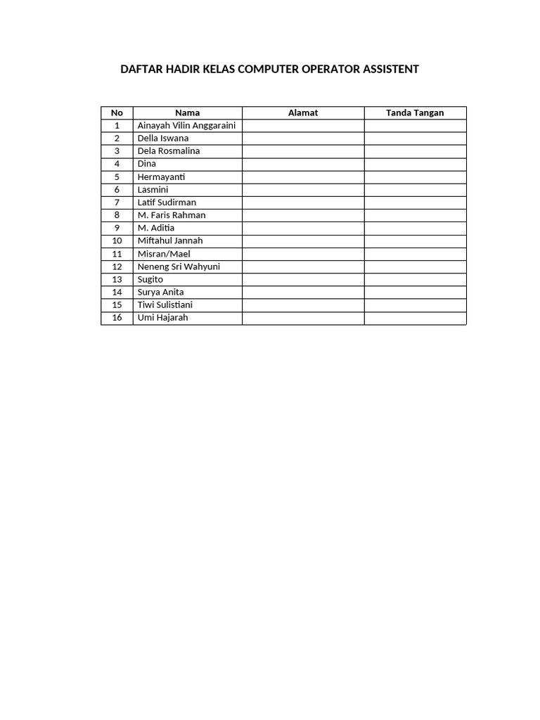 Daftar Hadir Kelas Computer Operator Assistent | PDF