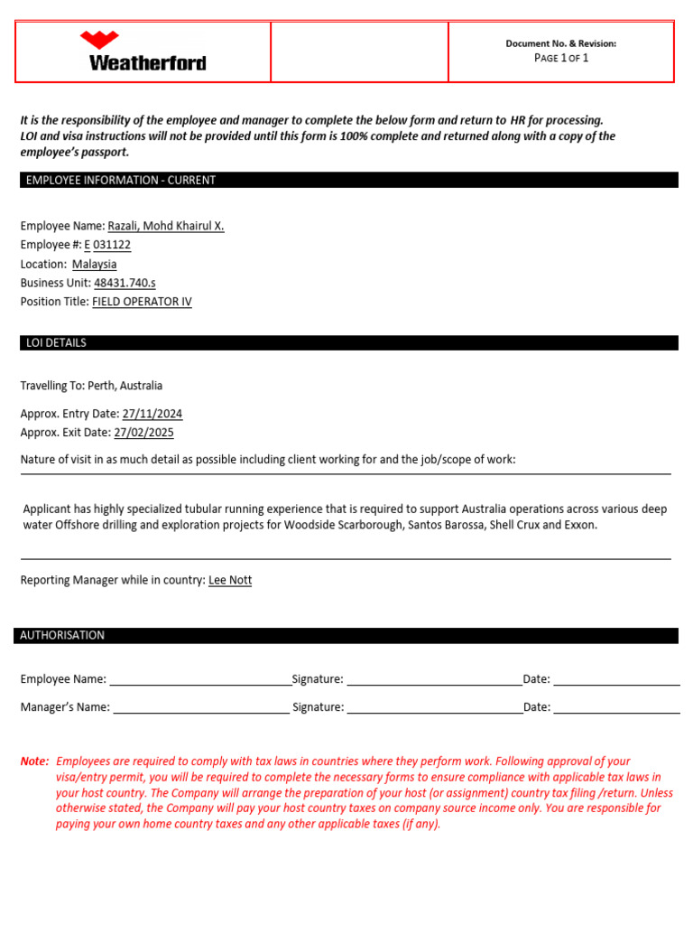 LOI Request Form for International Travel | PDF