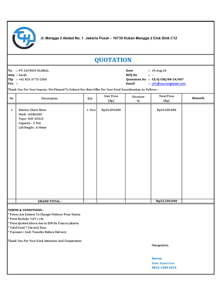 Quotation for Electric Chain Hoist | PDF