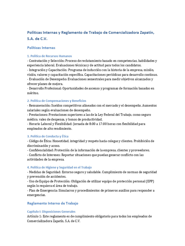 Políticas y Reglamento Comercializadora Zapatin | PDF | Derecho laboral ...