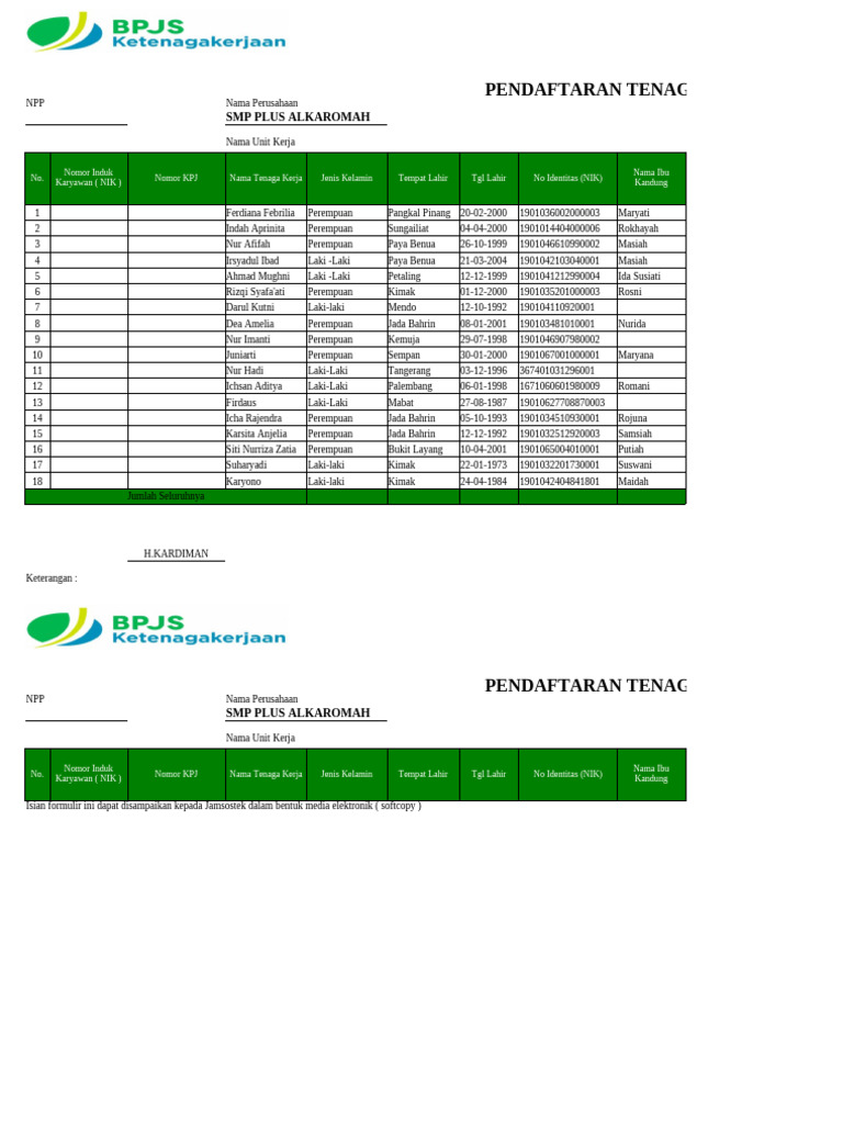 Contoh Formulir Pendaftaran BPJS Ketenagakerjaan | PDF
