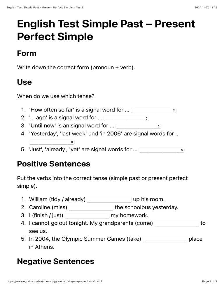 English Test Simple Past - Present Perfect Simple: Test2 | PDF ...