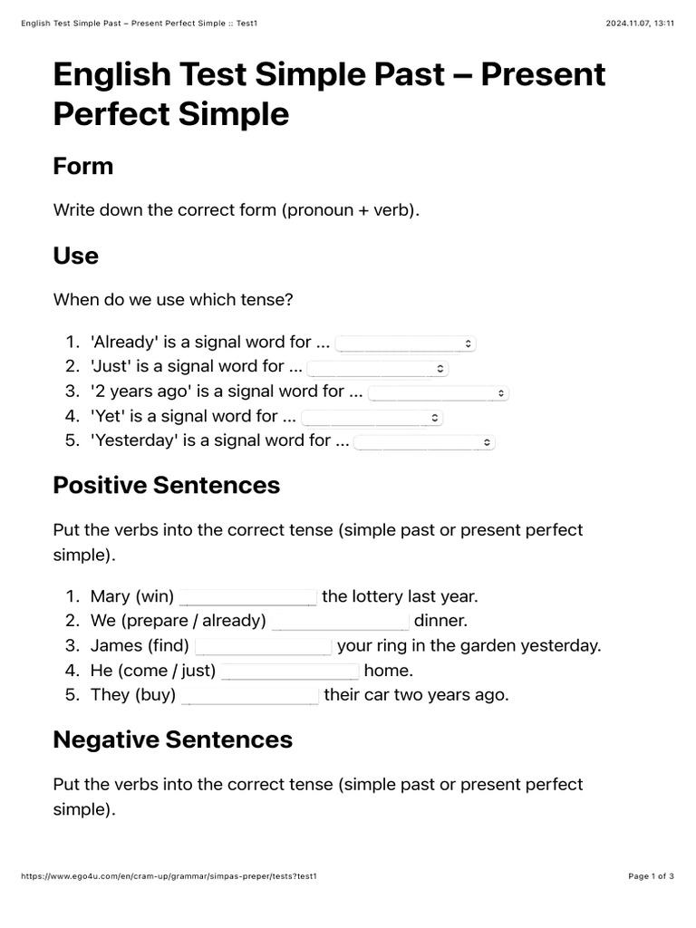 English Test Simple Past Present Perfect Simple Test1 Pdf
