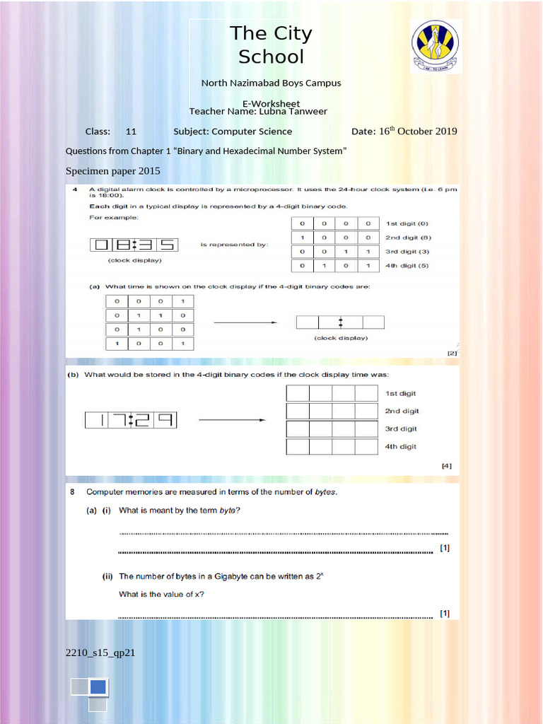 Computer Science E-Worksheet for Class 11 | PDF | Mathematics | Arithmetic