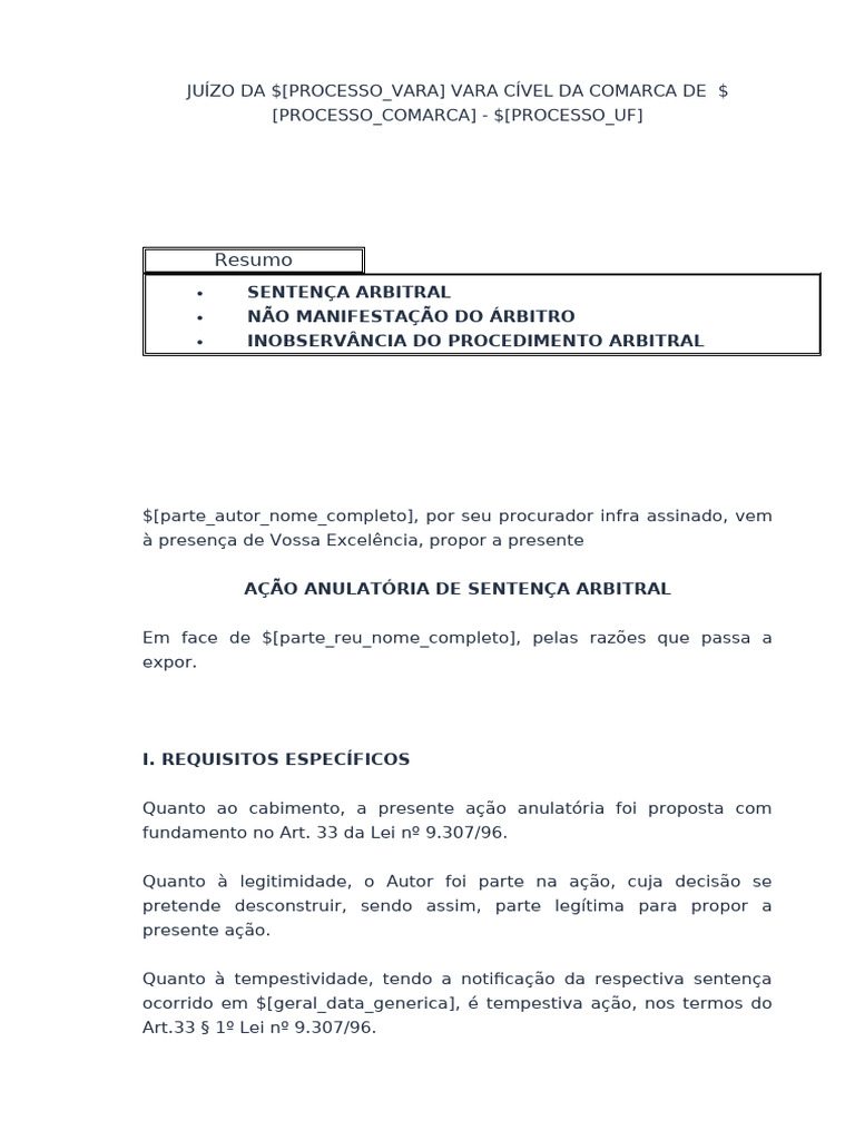 Ação Anulatória de Sentença Arbitral | PDF | Sentença (jurídico ...
