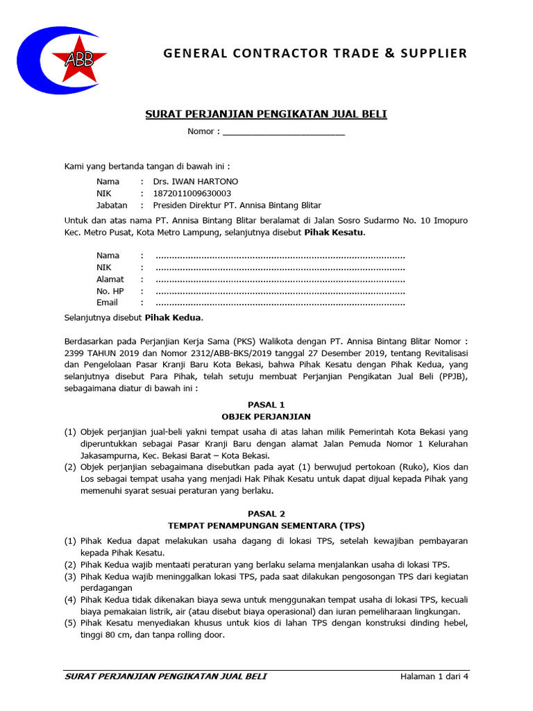 Surat Perjanjian Pengikatan Jual Beli - Kios, Los, Ruko | PDF