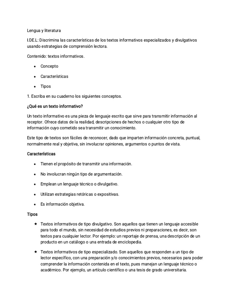 Características de Textos Informativos | PDF | Artes del Lenguaje y ...