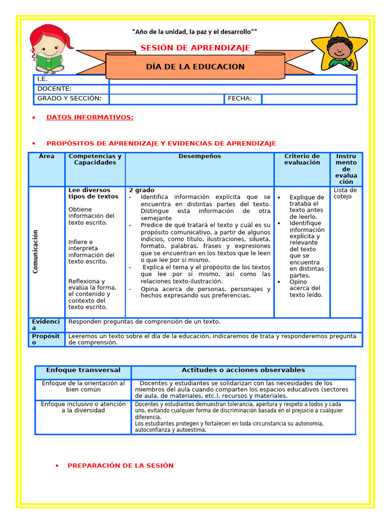 2° E1 S3 Sesión D4 Plan Lector Dia de La Educacion | PDF | Salón de ...