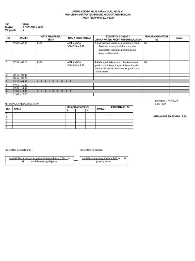 Jurnal Harian Kelas 6 Kurikulum Merdeka | PDF