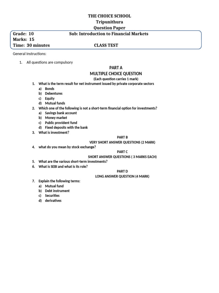 Grade 10 Financial Markets Test Paper | PDF | Finance & Money ...