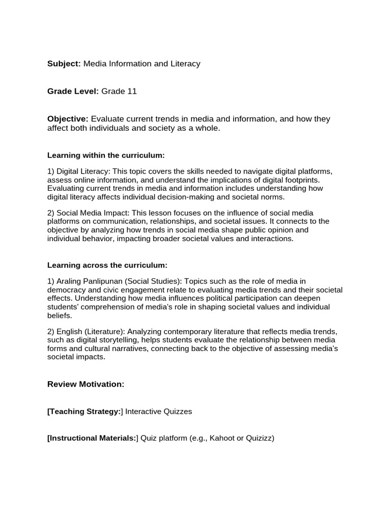 Lesson Plan Pdf Popular Culture Media Studies Social Media