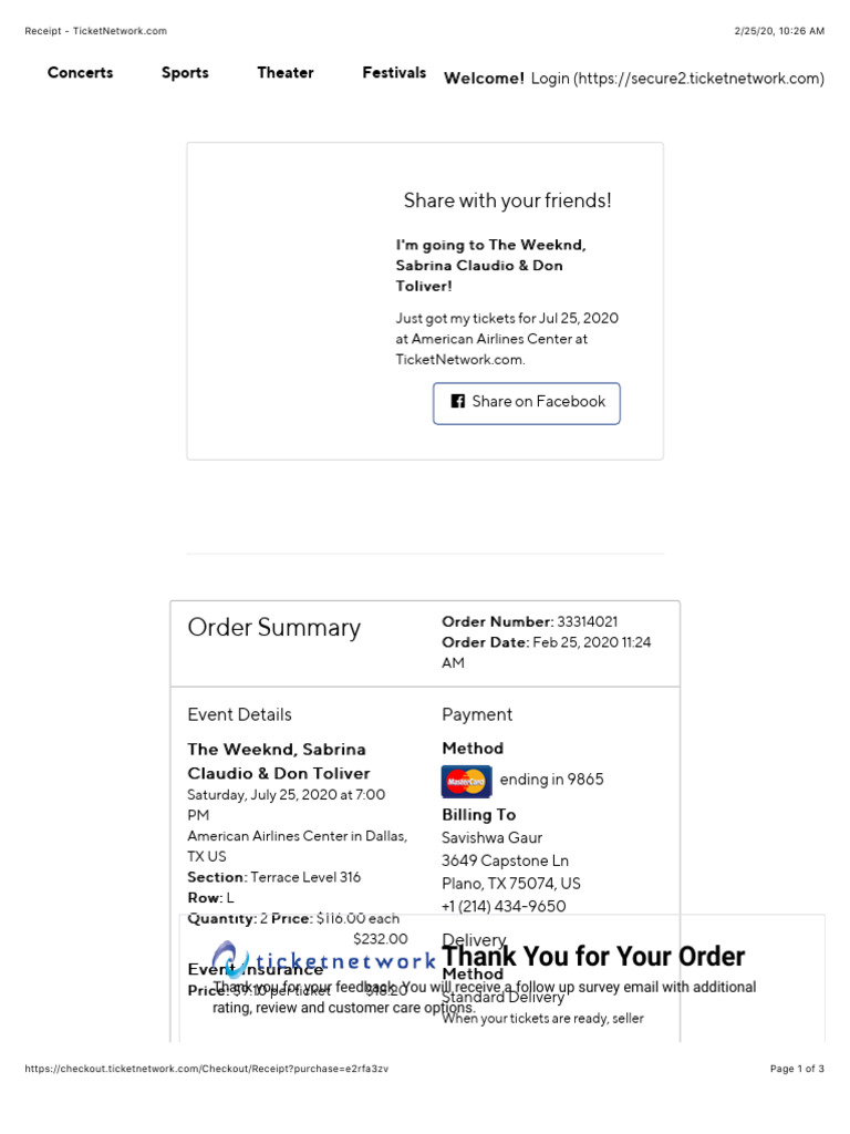 Ticket Receipt for The Weeknd Concert | PDF | Business