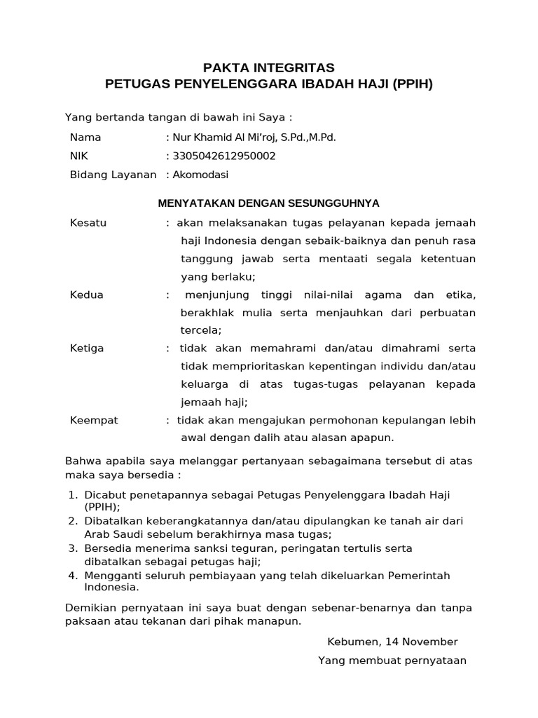 Pakta integritas tiket manasik aplikasi pdf