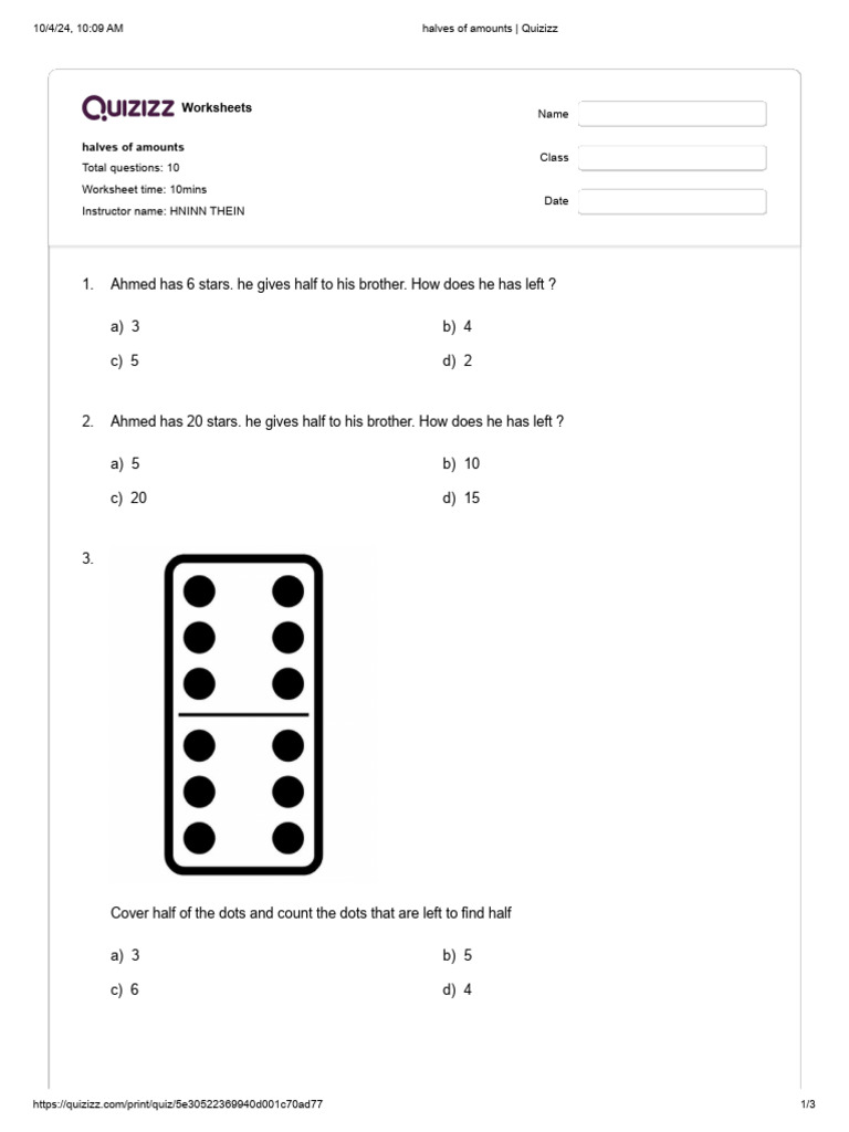 Halves of Amounts - Quizizz | PDF