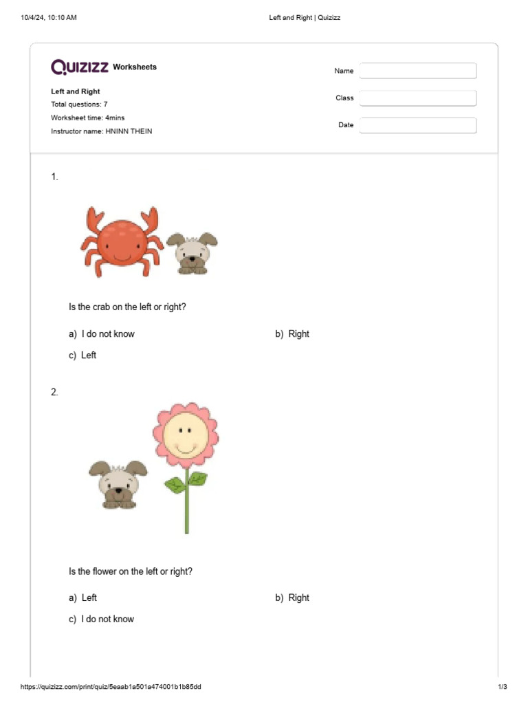 Left and Right Identification Worksheet | PDF