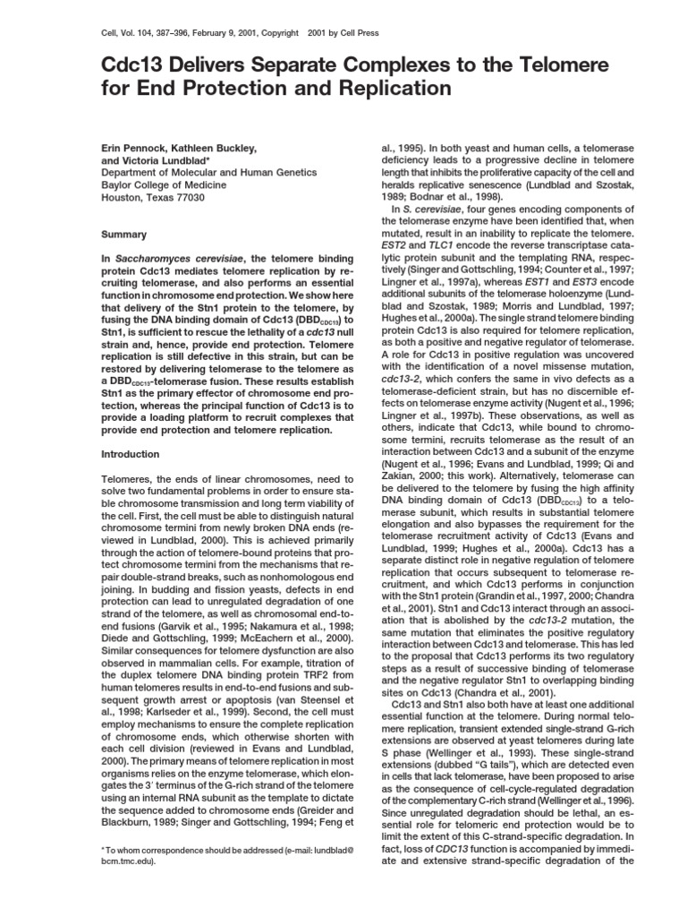 Cdc13 Delivers Separate Complexes To The Telomere | PDF | Telomere ...
