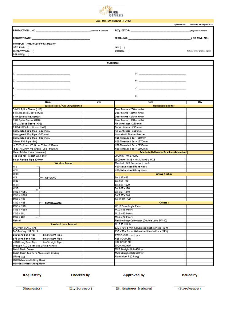 Cast in Item Request Form | PDF | Building Engineering | Building Materials